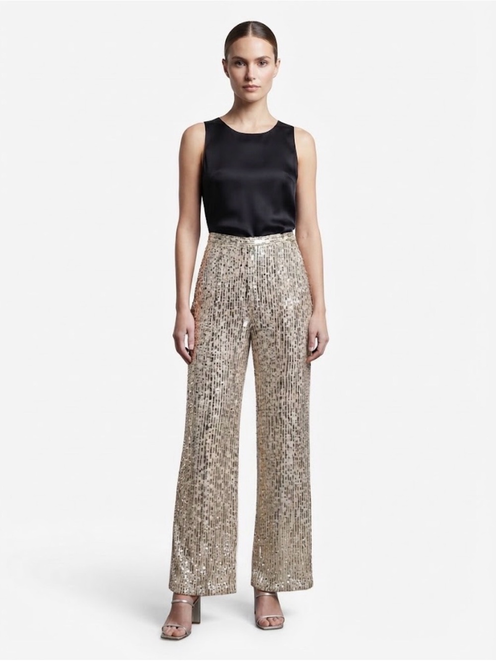 New NWT Le Superbe Bianca Sequin Wide-Leg Pants Golden Hour Neutral Size 4